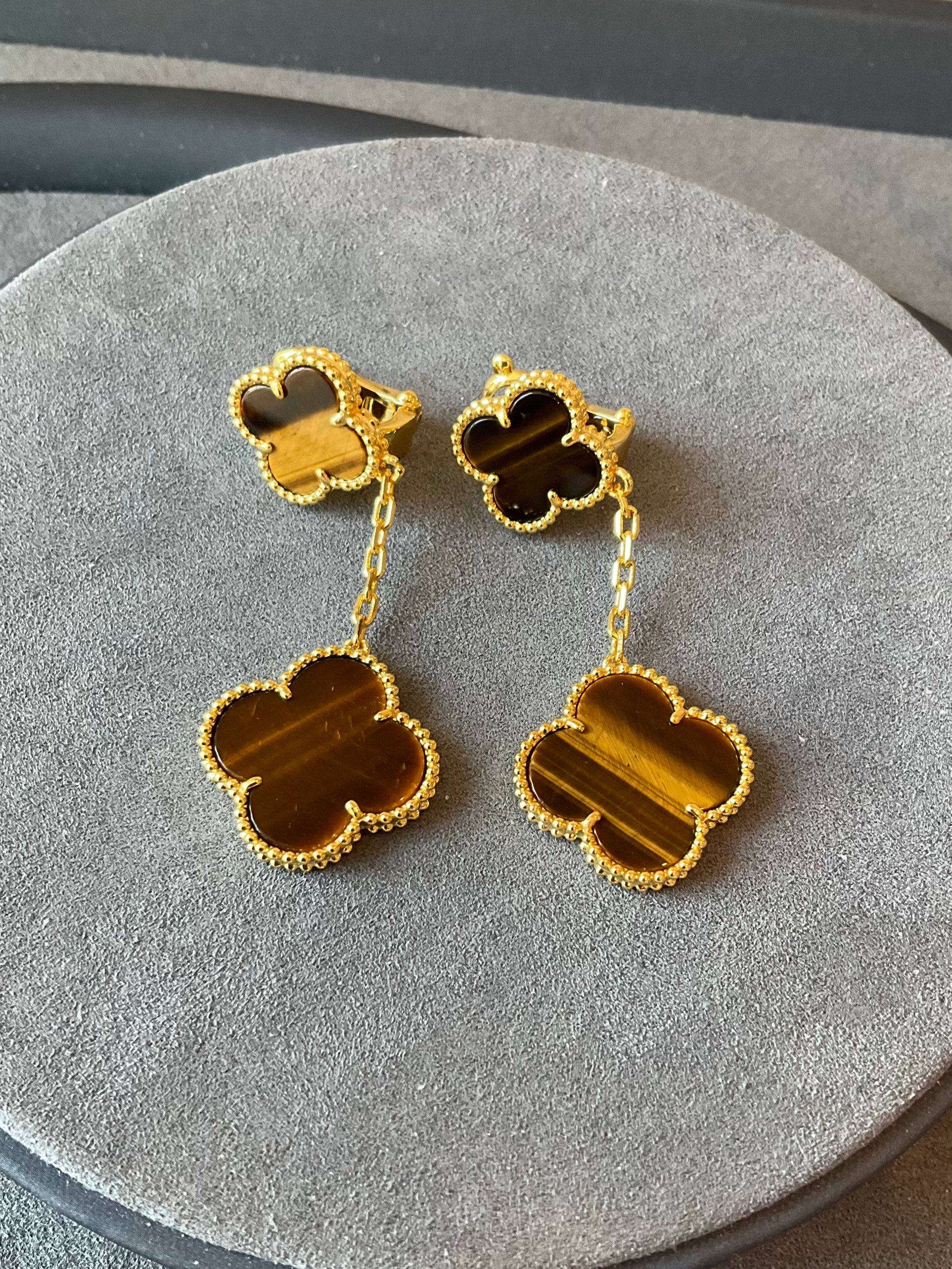 2 motifs tigers eye clover earrings clover dangle earrings 925 silver 18k gold plated - ParadiseKissCo