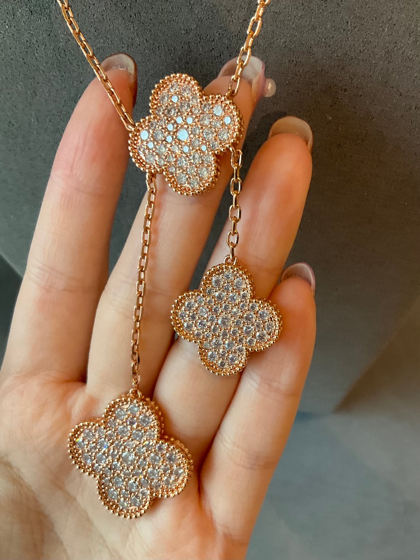 6 motifs CZ diamond charm clover necklace 925 silver rose gold plated 42cm - ParadiseKissCo