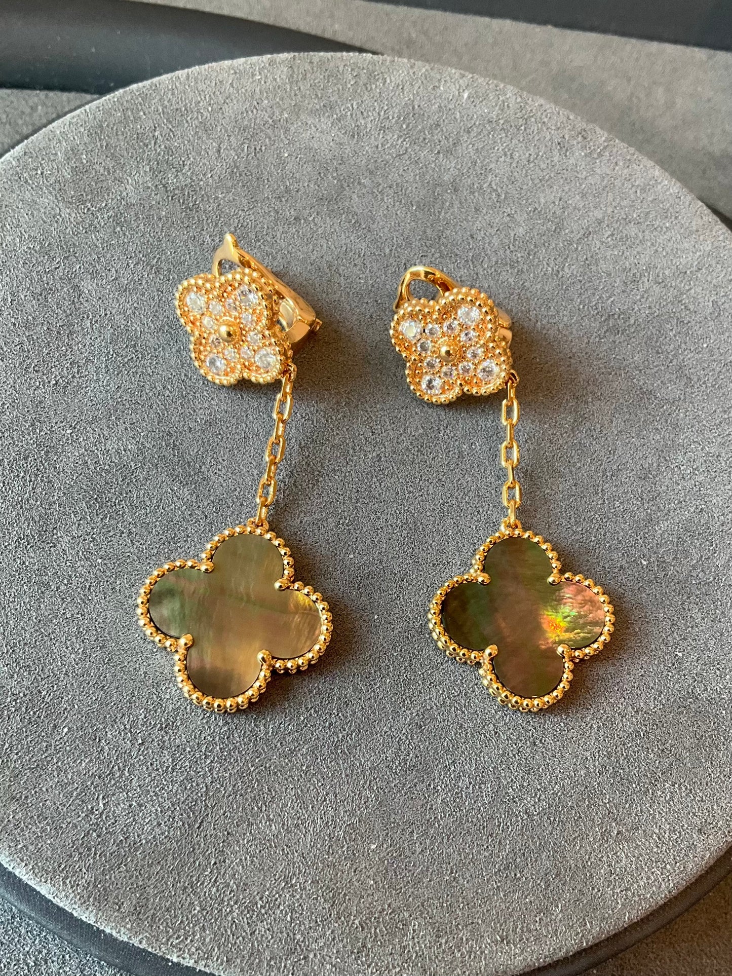 2 motifs grey mother of pearl cz clover earrings clover dangle earrings 925 silver 18k rose gold plated - ParadiseKissCo