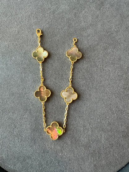 15mm Grey mother of pearl 5 motifs clover bracelet 925 silver with 18k gold plated 7.5 inches - ParadiseKissCo