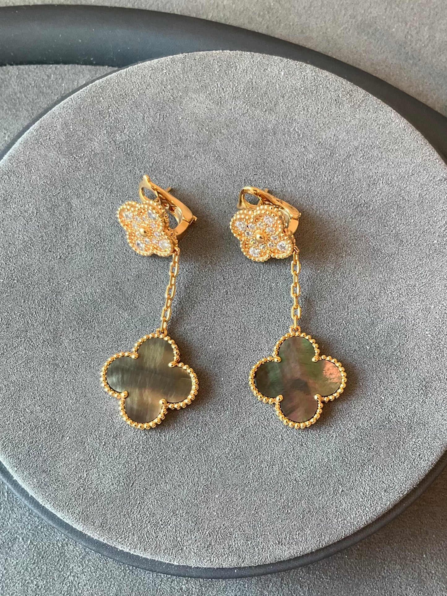 2 motifs grey mother of pearl cz clover earrings clover dangle earrings 925 silver 18k rose gold plated - ParadiseKissCo