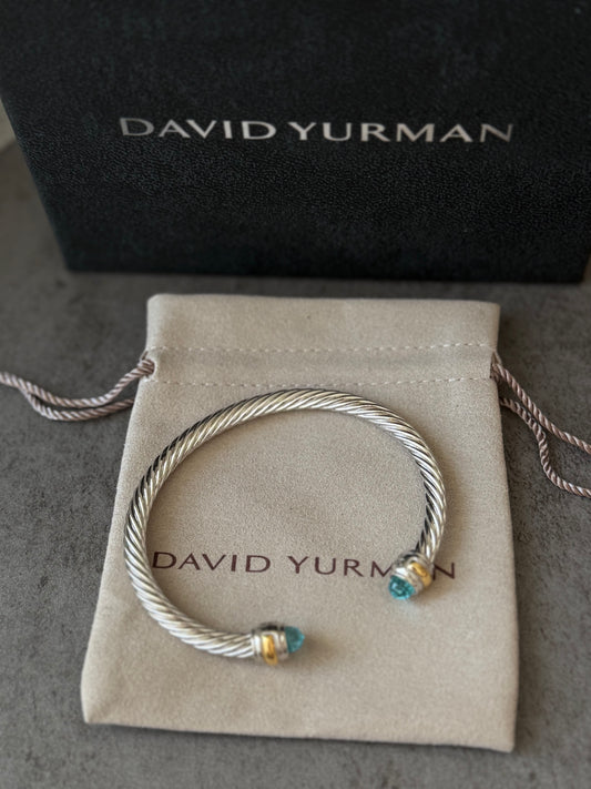 5mm Cable Blue Topaz and 14K Yellow Gold Bracelet 19cm