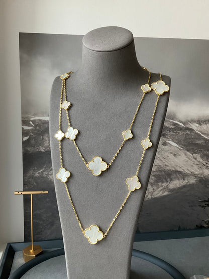 16 motifs mother of pearl charm clover necklace 925 silver with 18k gold plated 120cm long - ParadiseKissCo
