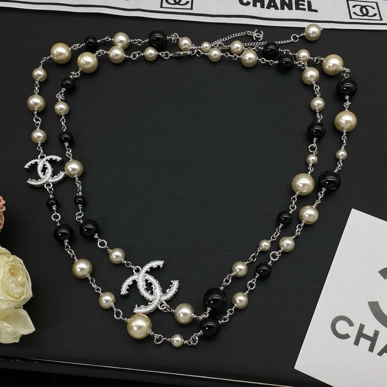 coco black white long pearl necklace