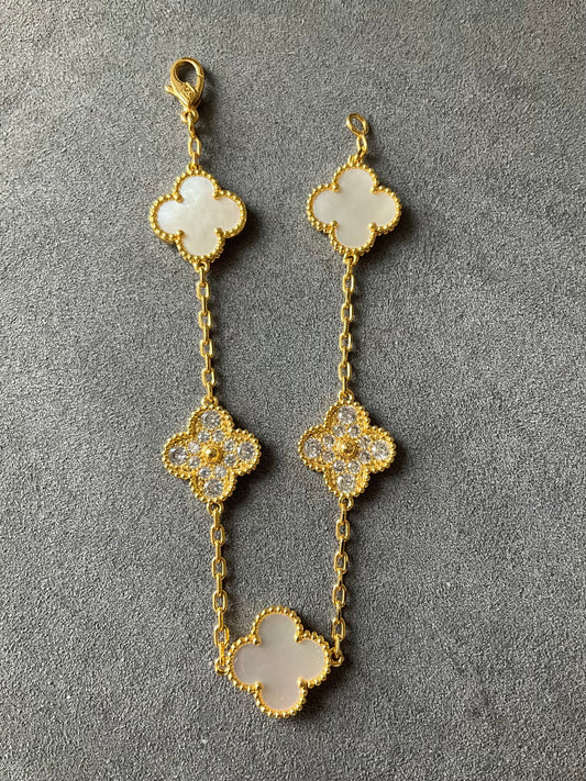 5 motifs 15mm White mother of pearl cz clover bracelet 925 silver with 18k gold plated 7.5 inches - ParadiseKissCo