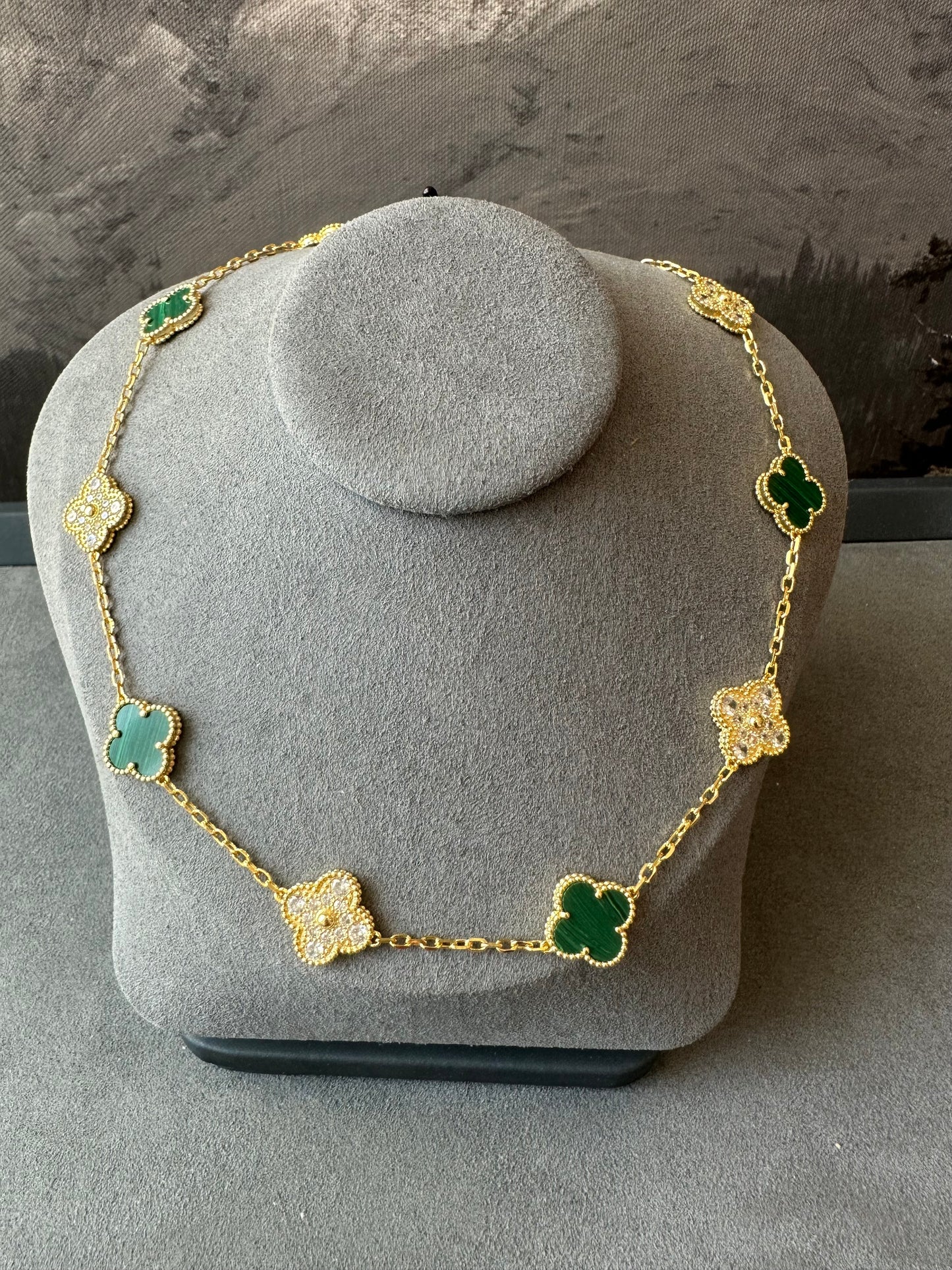Green malachite 10 motif cz clover necklace 925 silver 18k gold plated 42 cm long clover size 15mm - ParadiseKissCo