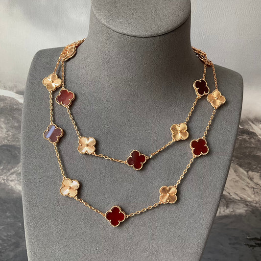 Guillioche Carnelian 20 motif clover necklace 925 silver 18k rose gold plated 84 cm long clover size 15mm