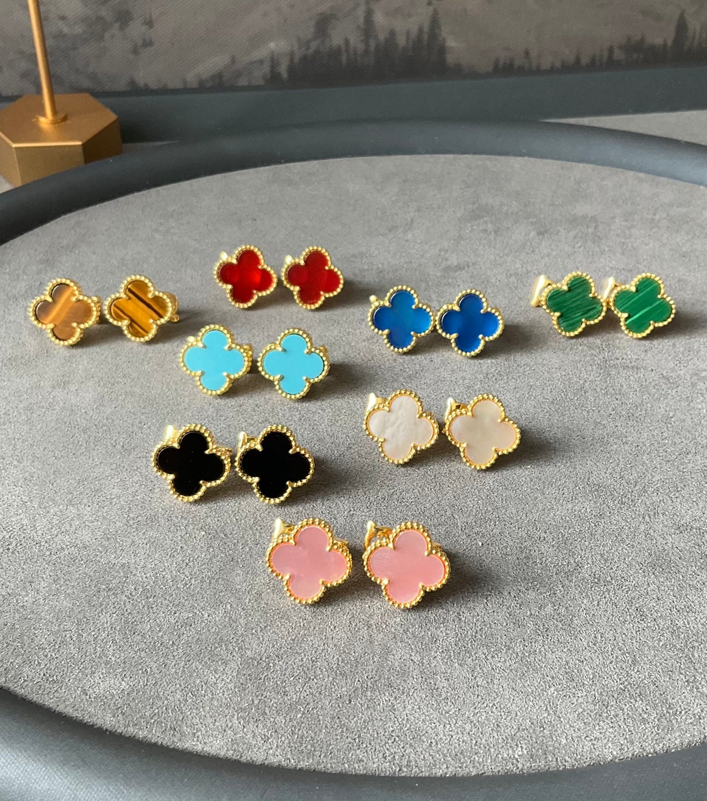 15mm gemstone Clover Earrings, 925 Silver 18k Gold Plated - ParadiseKissCo