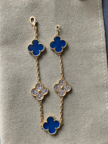 5 motifs 15mm cz clover blue agate clover bracelet 925 silver with 18k gold plated 7.5 inches - ParadiseKissCo