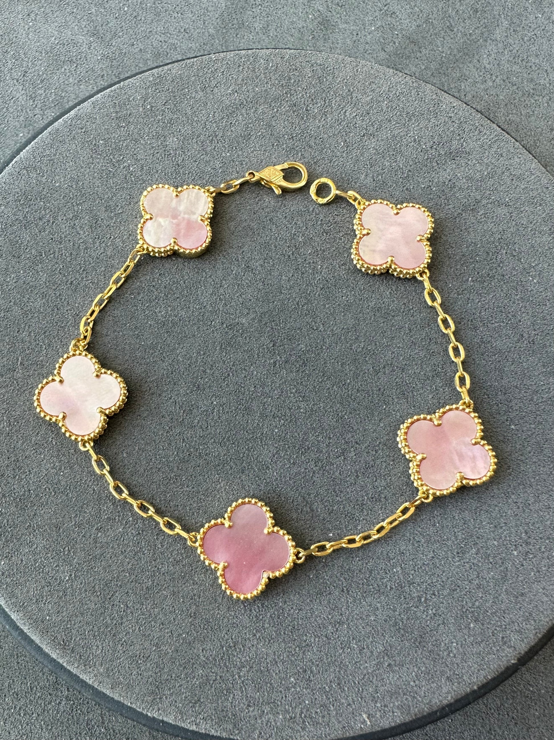 5 motifs Pink mother of pearl 18k Gold Plated Four Leaf Clover Flower Style S925 7.5inches - ParadiseKissCo