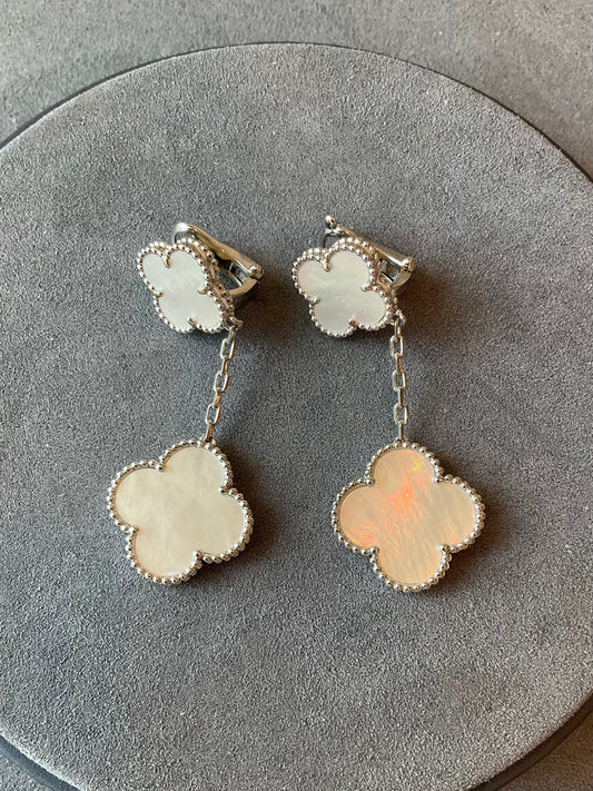 2 motifs Mother of pearl clover earrings clover dangle earrings 925 silver 18k white gold plated - ParadiseKissCo