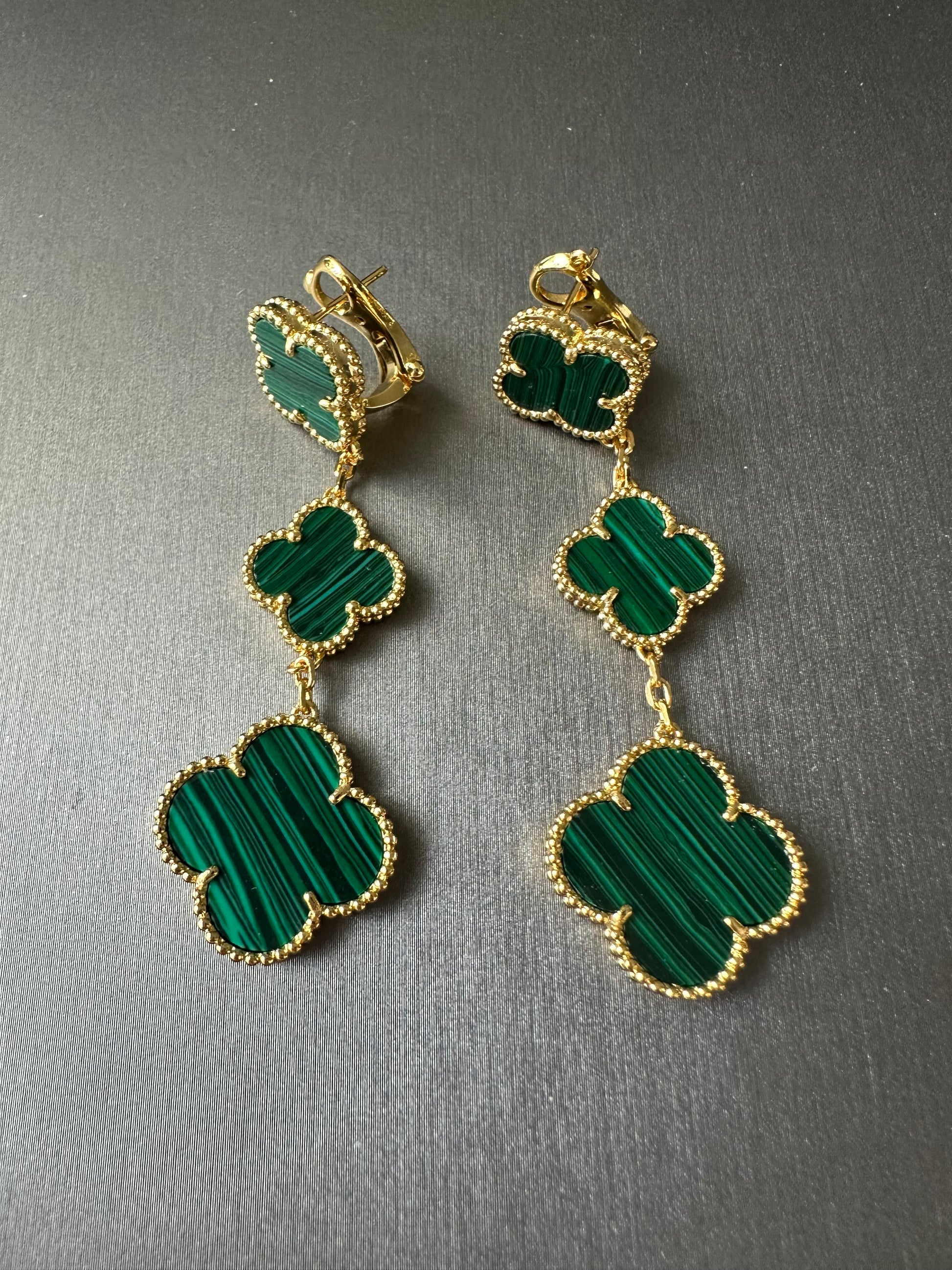 3 motifs Green malachite clover earrings clover dangle earrings 925 silver 18k gold plated - ParadiseKissCo