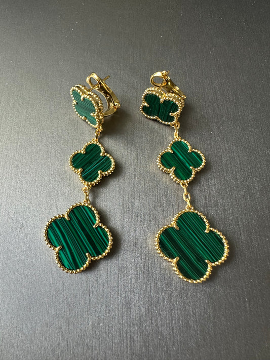 3 motifs Green malachite clover earrings clover dangle earrings 925 silver 18k gold plated - ParadiseKissCo