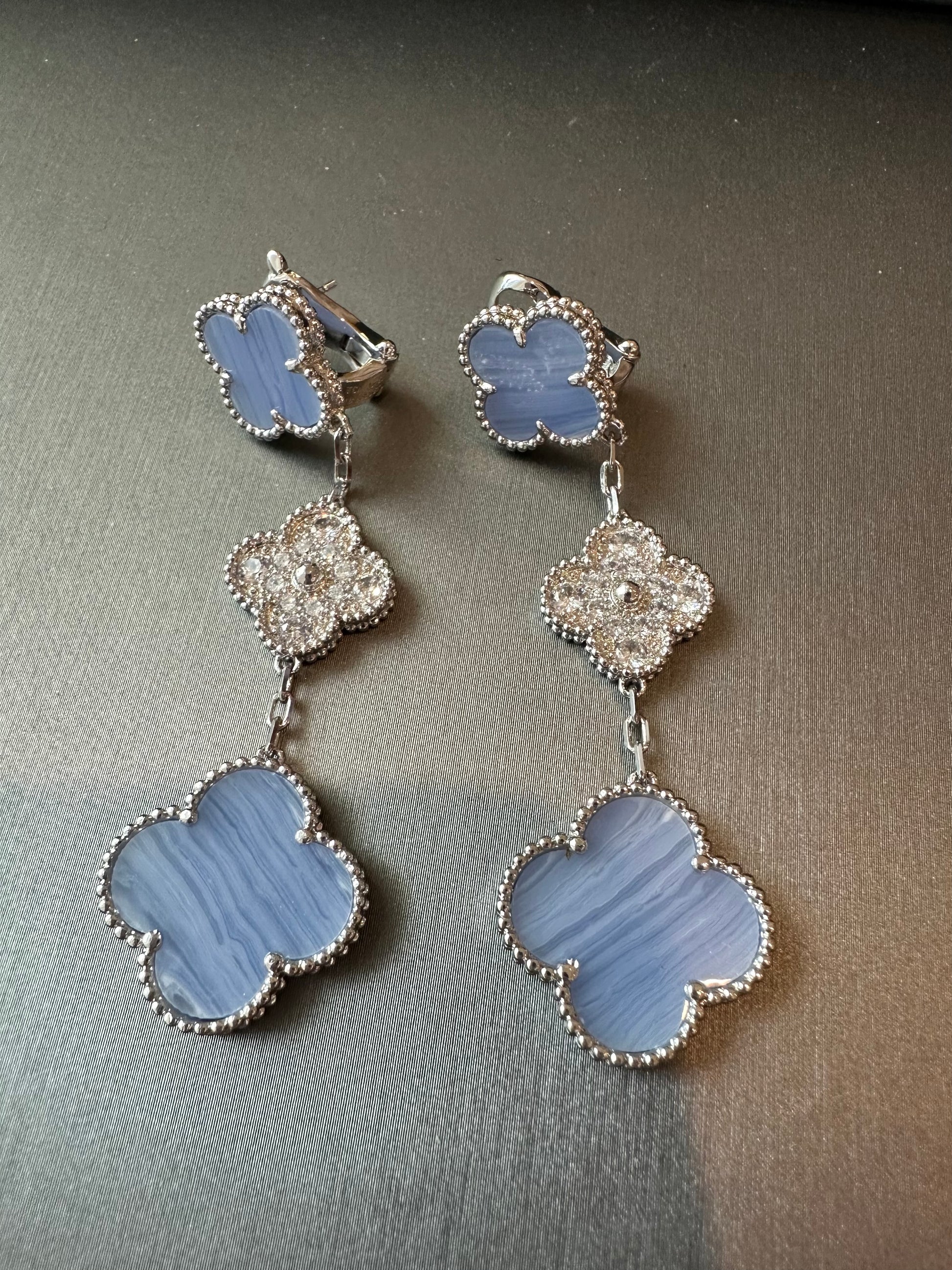 3 motifs Chalcedony Cz clover earrings clover dangle earrings 925 silver 18k white gold plated - ParadiseKissCo