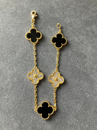 5 motifs 15mm Onyx cz clover bracelet 925 silver with 18k gold plated 7.5 inches - ParadiseKissCo