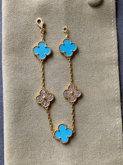 5 motifs 15mm cz clover turquoise clover bracelet 925 silver with 18k gold plated 7.5 inches - ParadiseKissCo