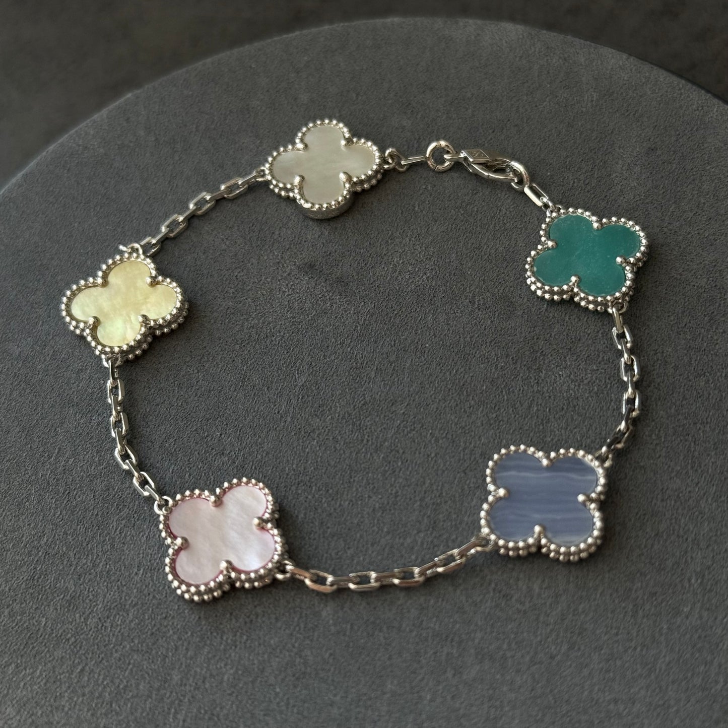 5 motifs 15mm clover 5 color stone clover bracelet with 18k white gold plated 7.5 inches