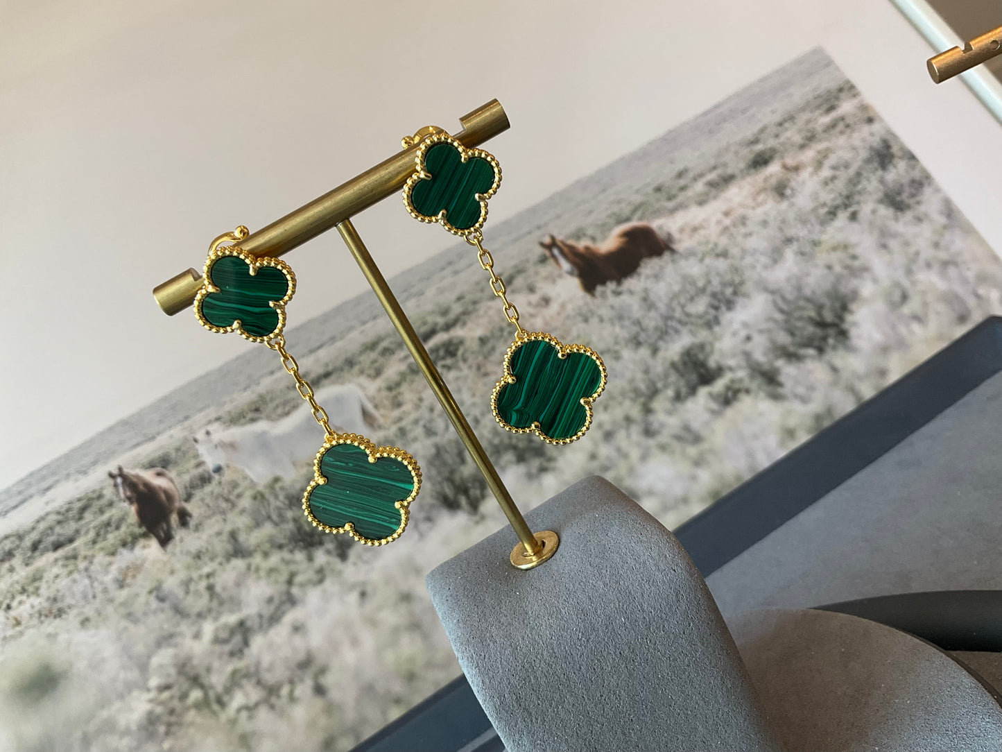 2 motifs malachite clover earrings clover dangle earrings 925 silver 18k gold plated - ParadiseKissCo