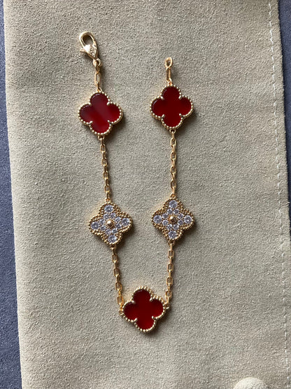 5 motifs 15mm carnelian cz clover bracelet 925 silver with 18k gold plated 7.5 inches - ParadiseKissCo