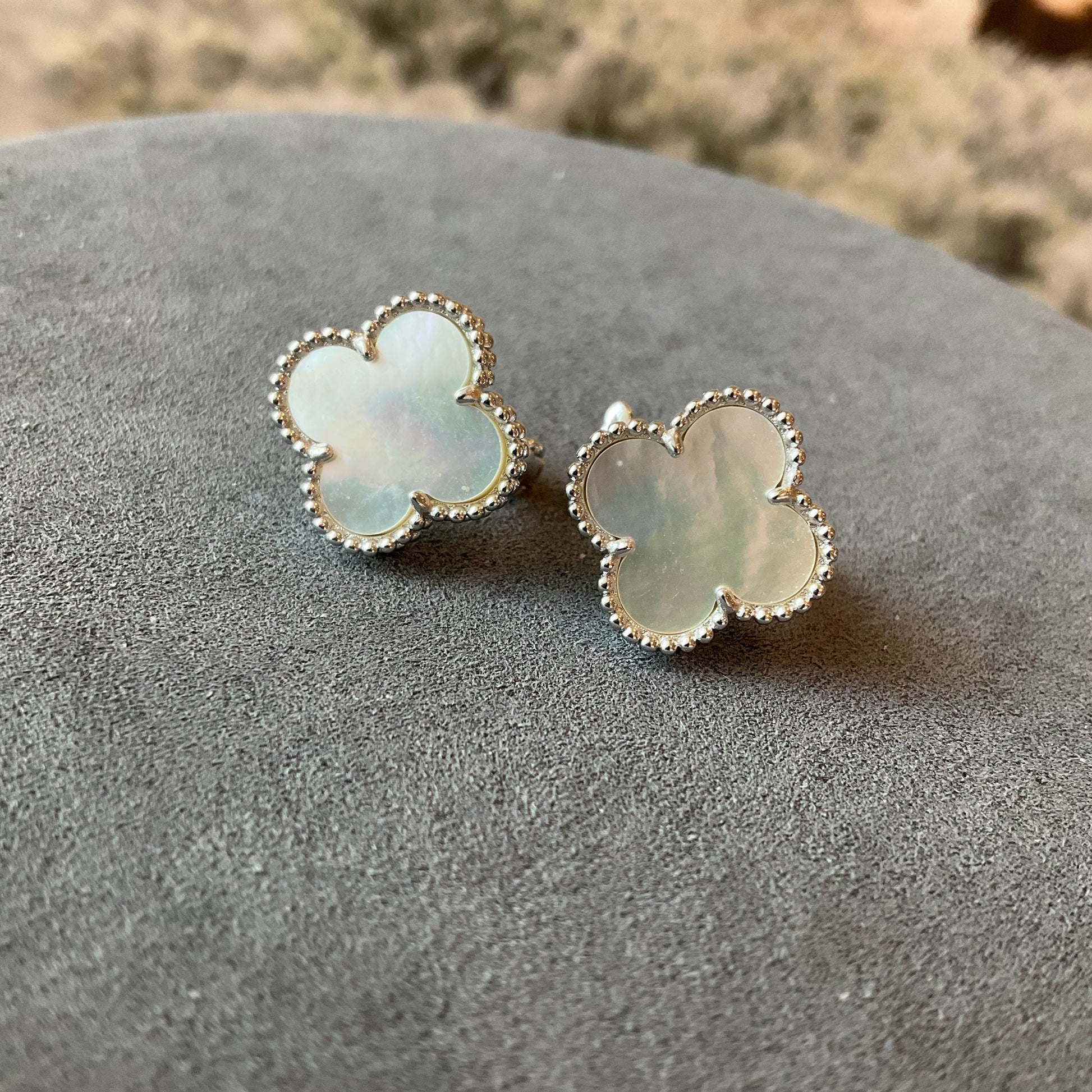 15mm Gemstone Clover Earrings, 925 Silver 18k White Gold Plated - ParadiseKissCo