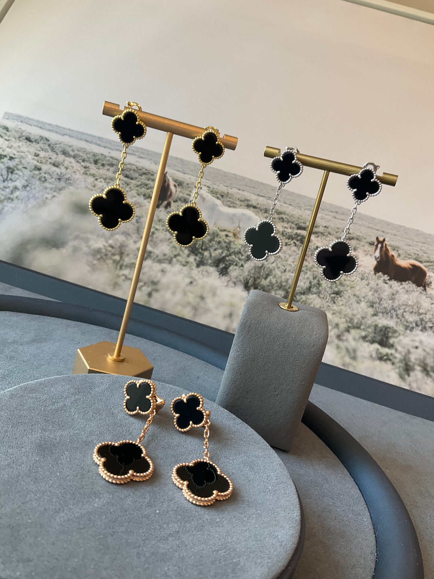 2 motifs onyx clover earrings clover dangle earrings 925 silver 18k gold plated - ParadiseKissCo