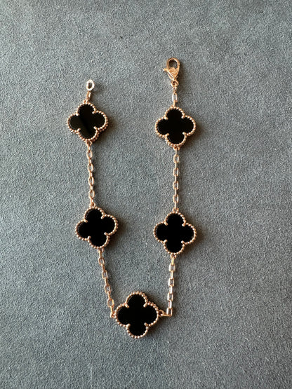 15mm Onyx 5 motifs clover bracelet 925 silver with 18k gold plated 7.5 inches - ParadiseKissCo