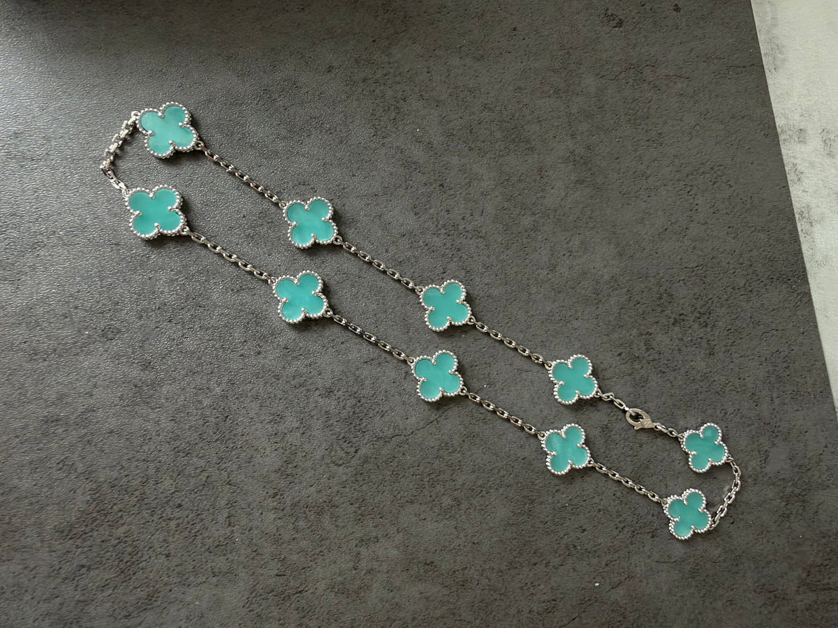 10 Amazonite 18k white Gold Plated Four Leaf Clover Flower Style S Necklace 42cm