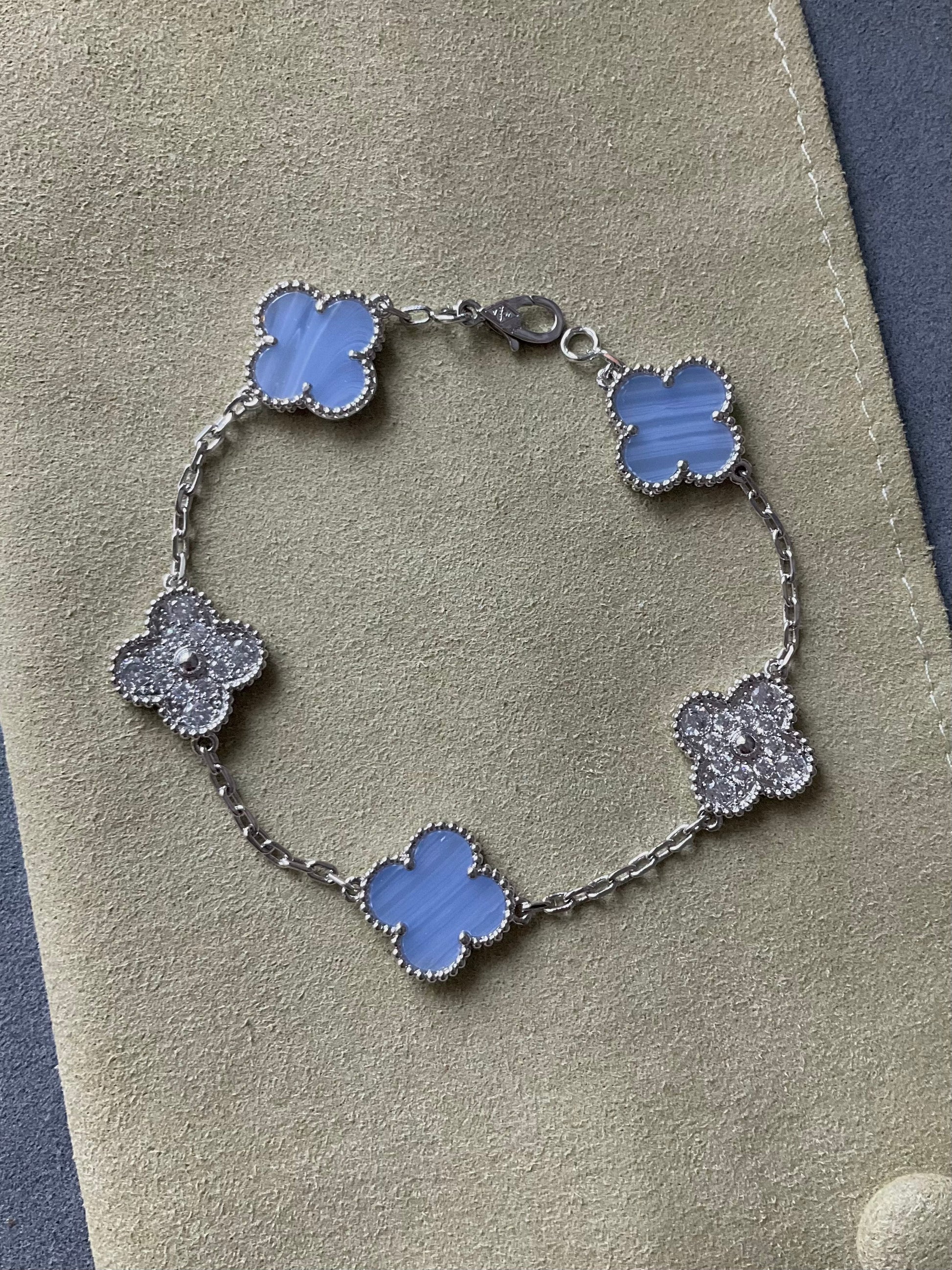 5 motifs 15mm cz clover chalcedony clover bracelet 925 silver with 18k white gold plated 7.5 inches - ParadiseKissCo