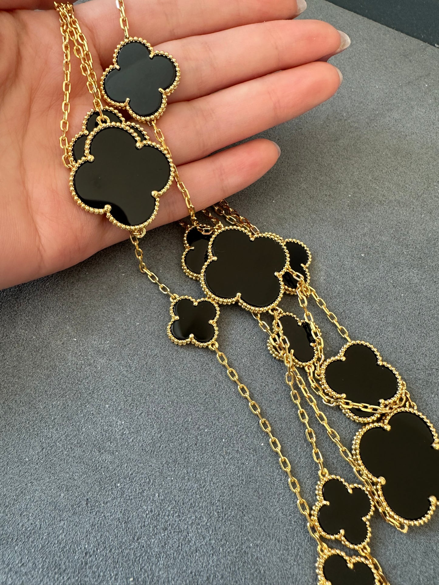 16 motifs onyx charm clover necklace 925 silver with 18k gold plated 120cm long - ParadiseKissCo