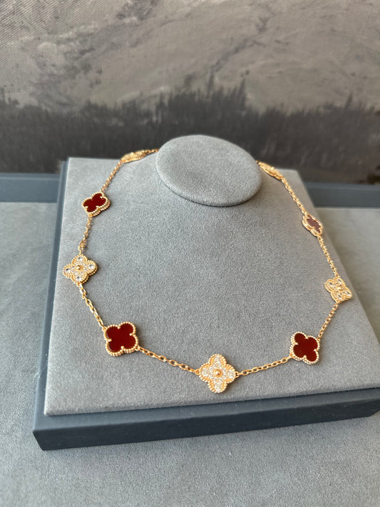 Red carnelian 10 motif cz clover necklace 925 silver 18k rose gold plated 42 cm long clover size 15mm - ParadiseKissCo