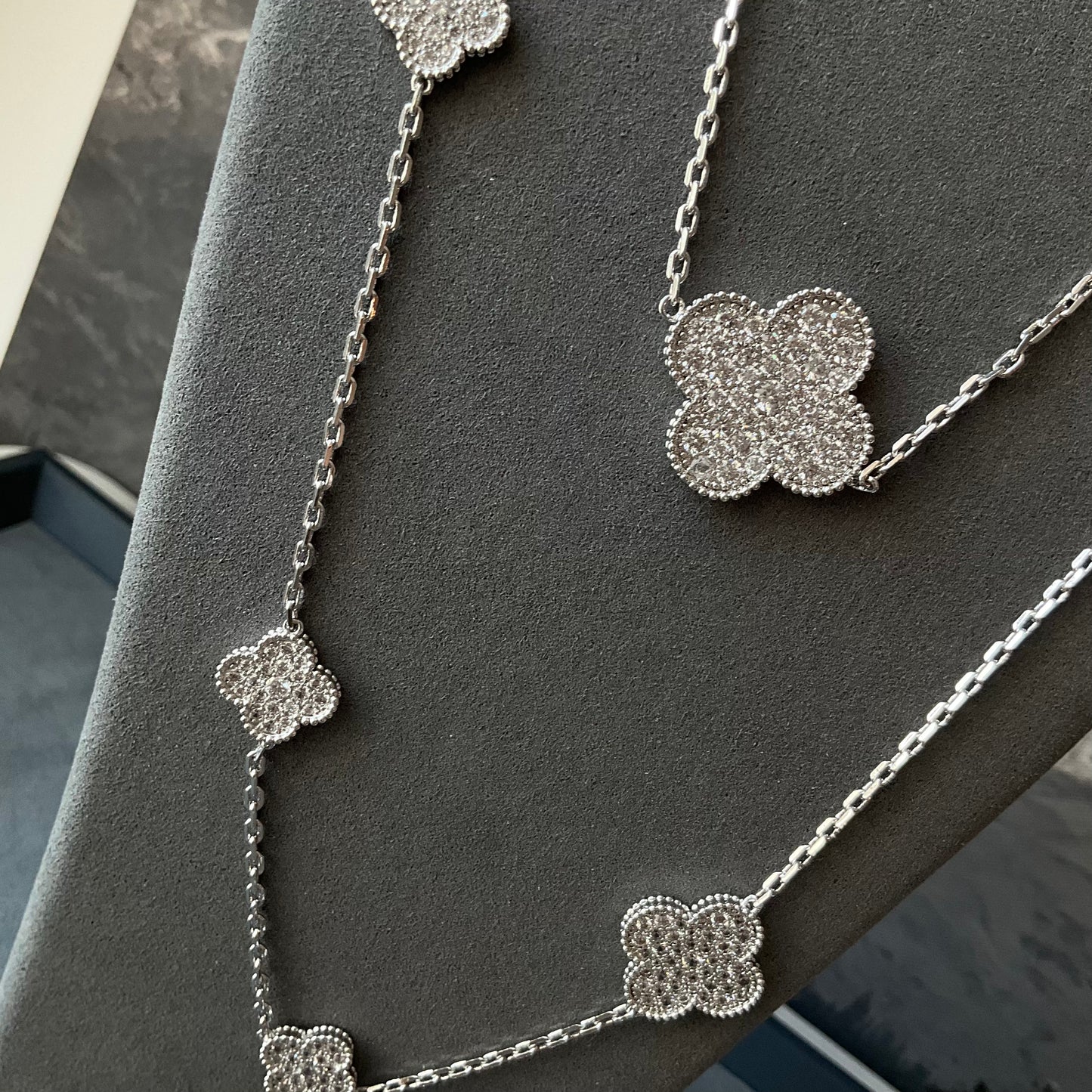 16 motifs cz clover charm clover necklace 925 silver with 18k white gold plated 120cm long