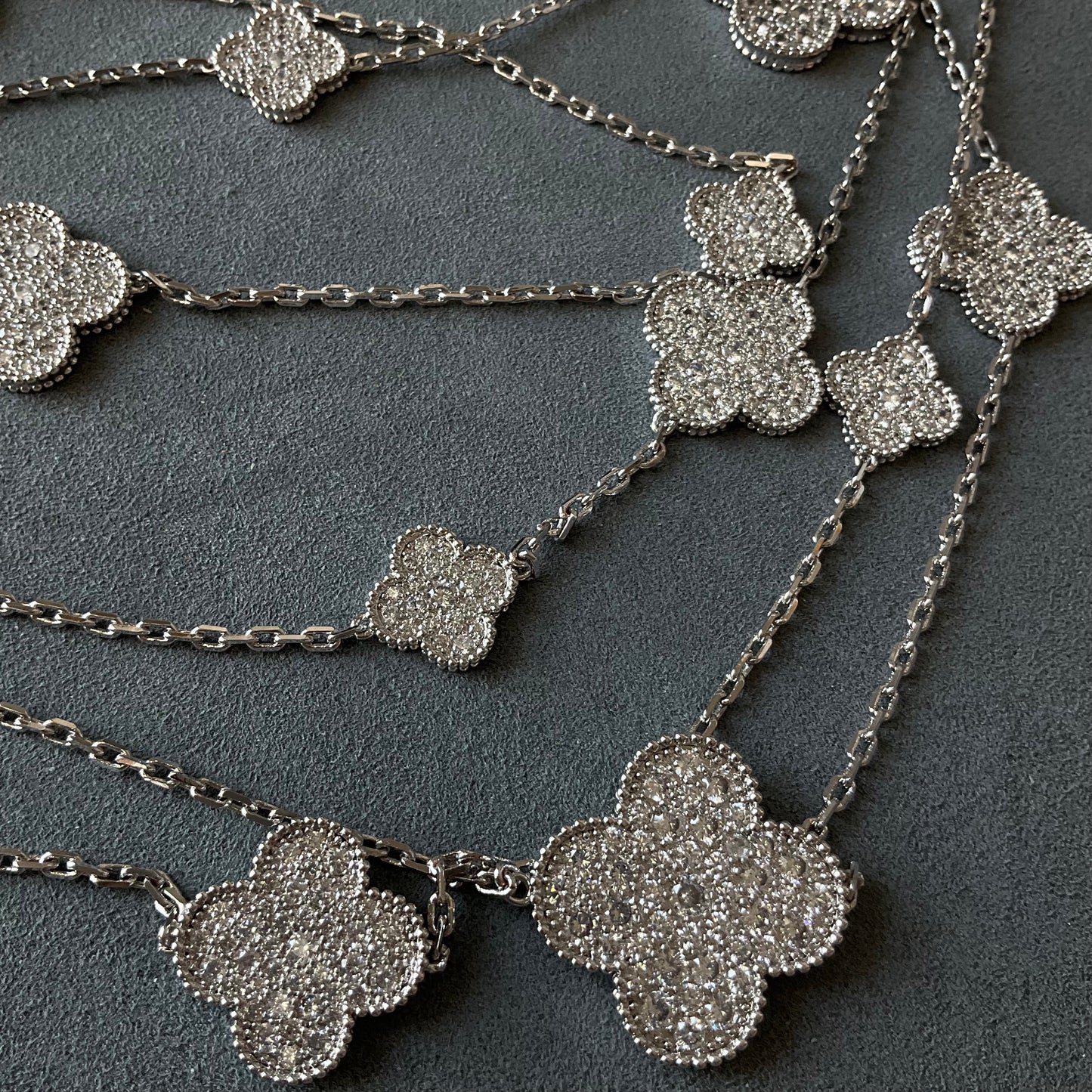 16 motifs cz clover charm clover necklace 925 silver with 18k white gold plated 120cm long