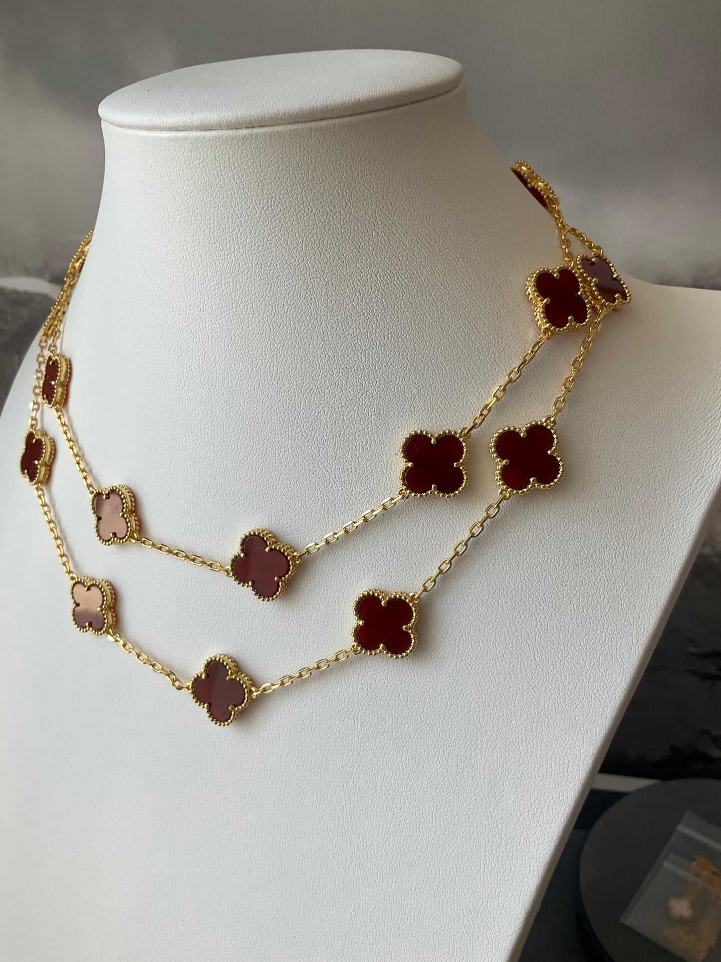 20 motifs Red carnelian 925 silver 18k Gold Plated 84cm long