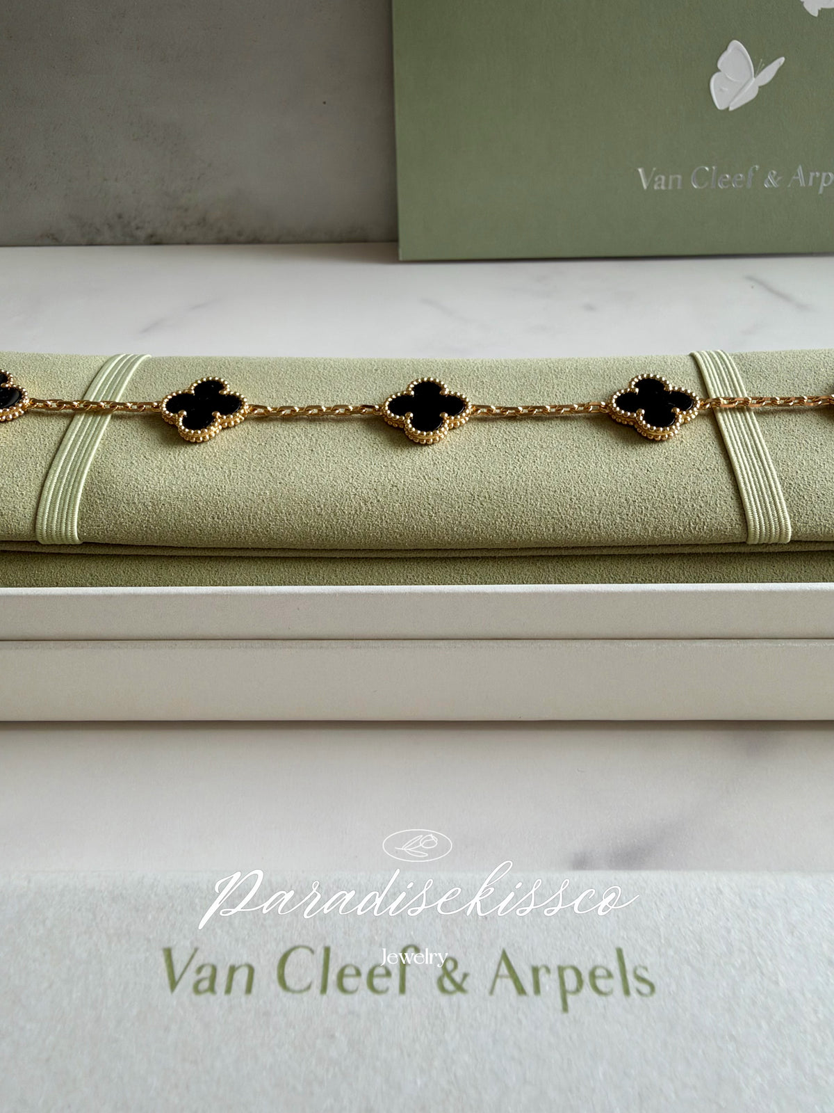 Alhambra Onyx Clover Bracelet 925 Silver, 18k Gold Plated