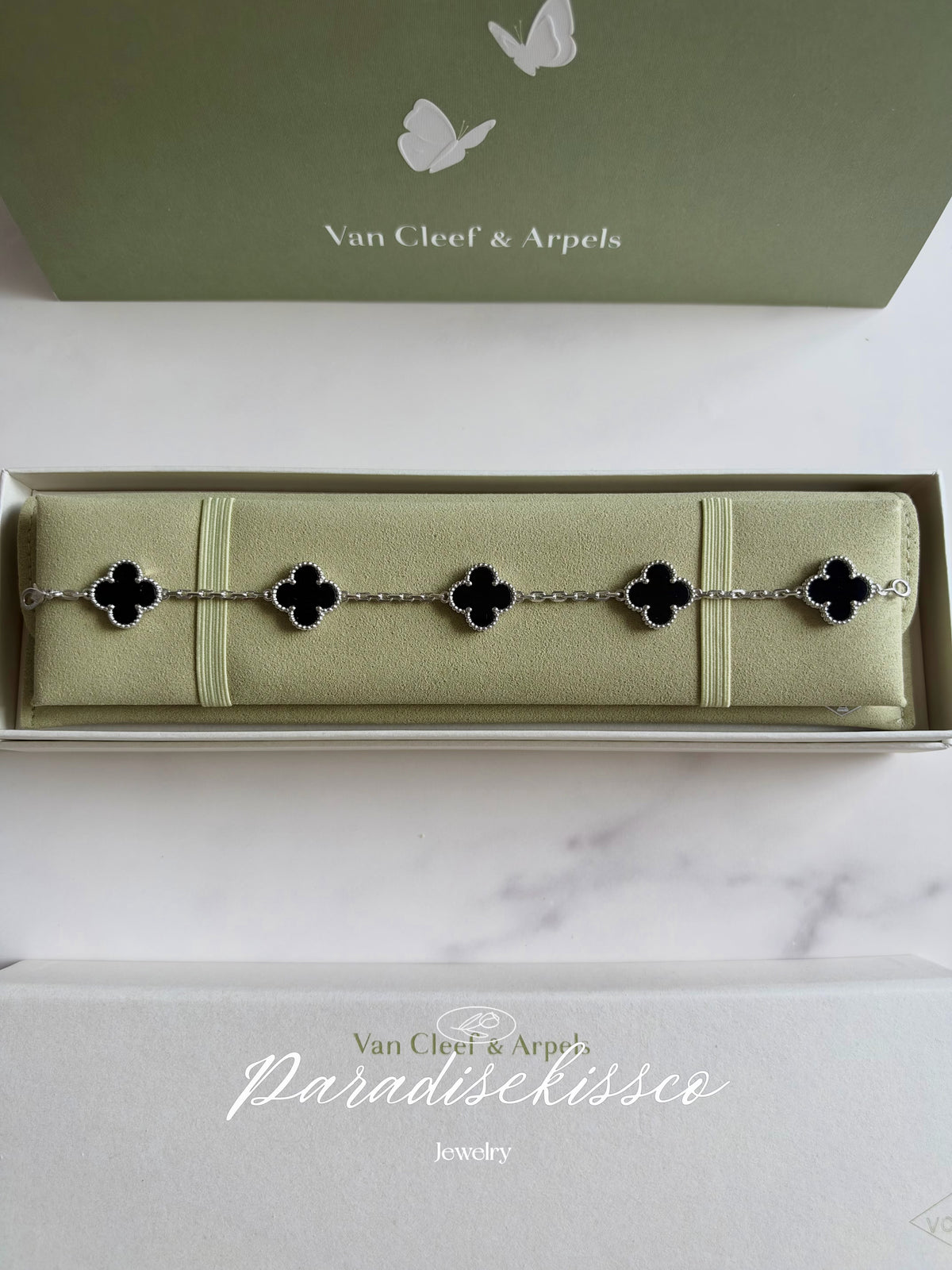 Alhambra Onyx Clover Bracelet 925 Silver, 18k White Gold Plated