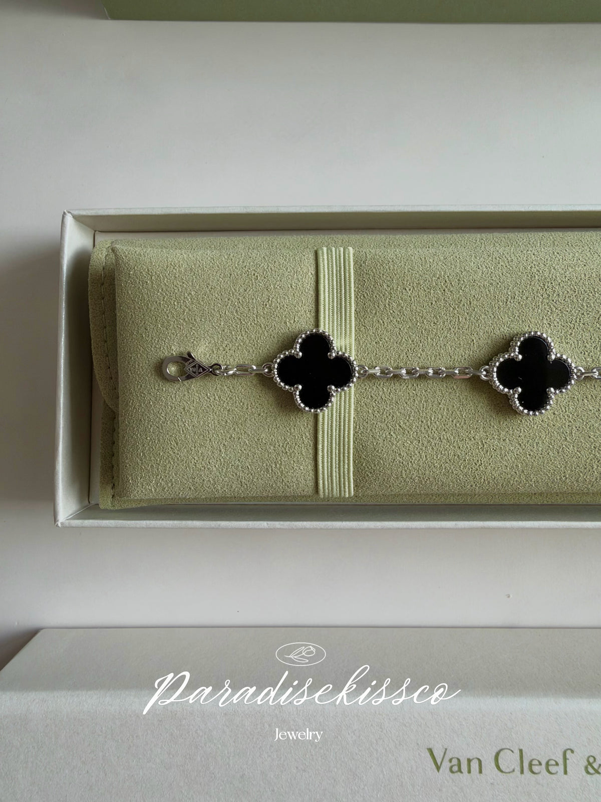 Alhambra Onyx Clover Bracelet 925 Silver, 18k White Gold Plated