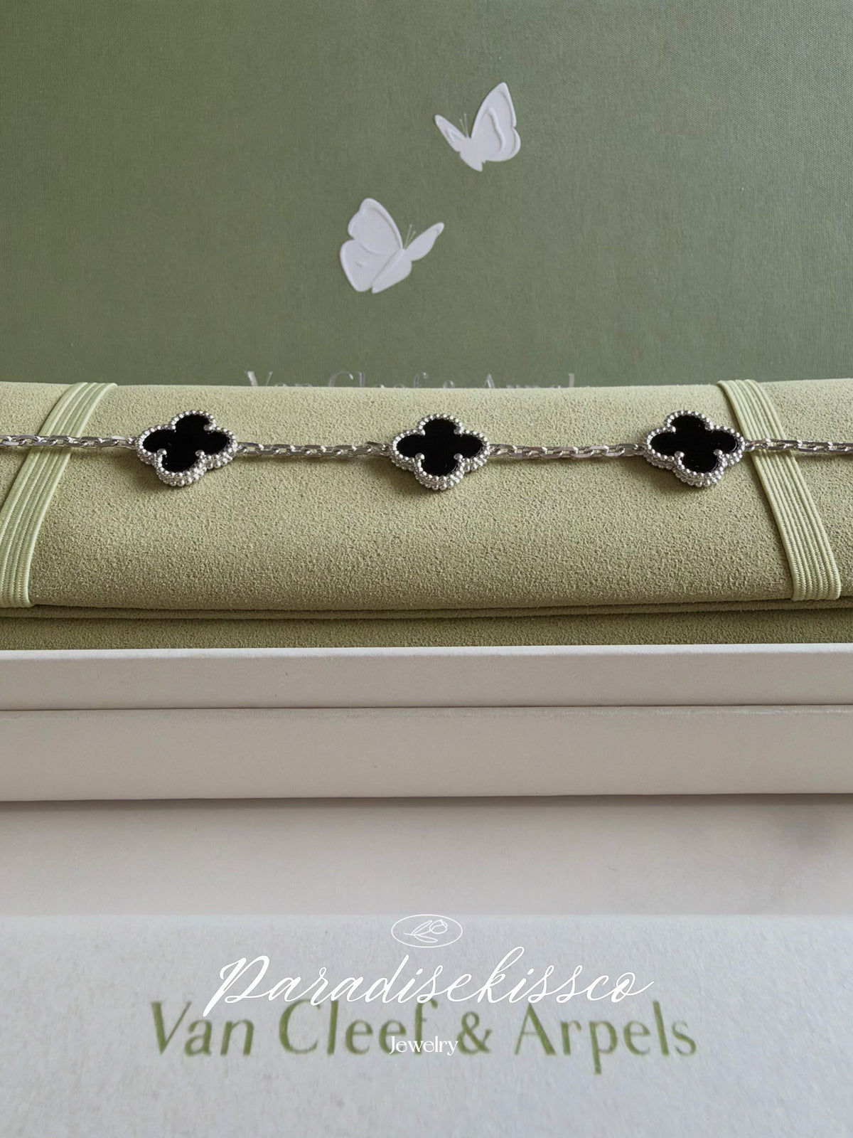 Alhambra Onyx Clover Bracelet 925 Silver, 18k White Gold Plated