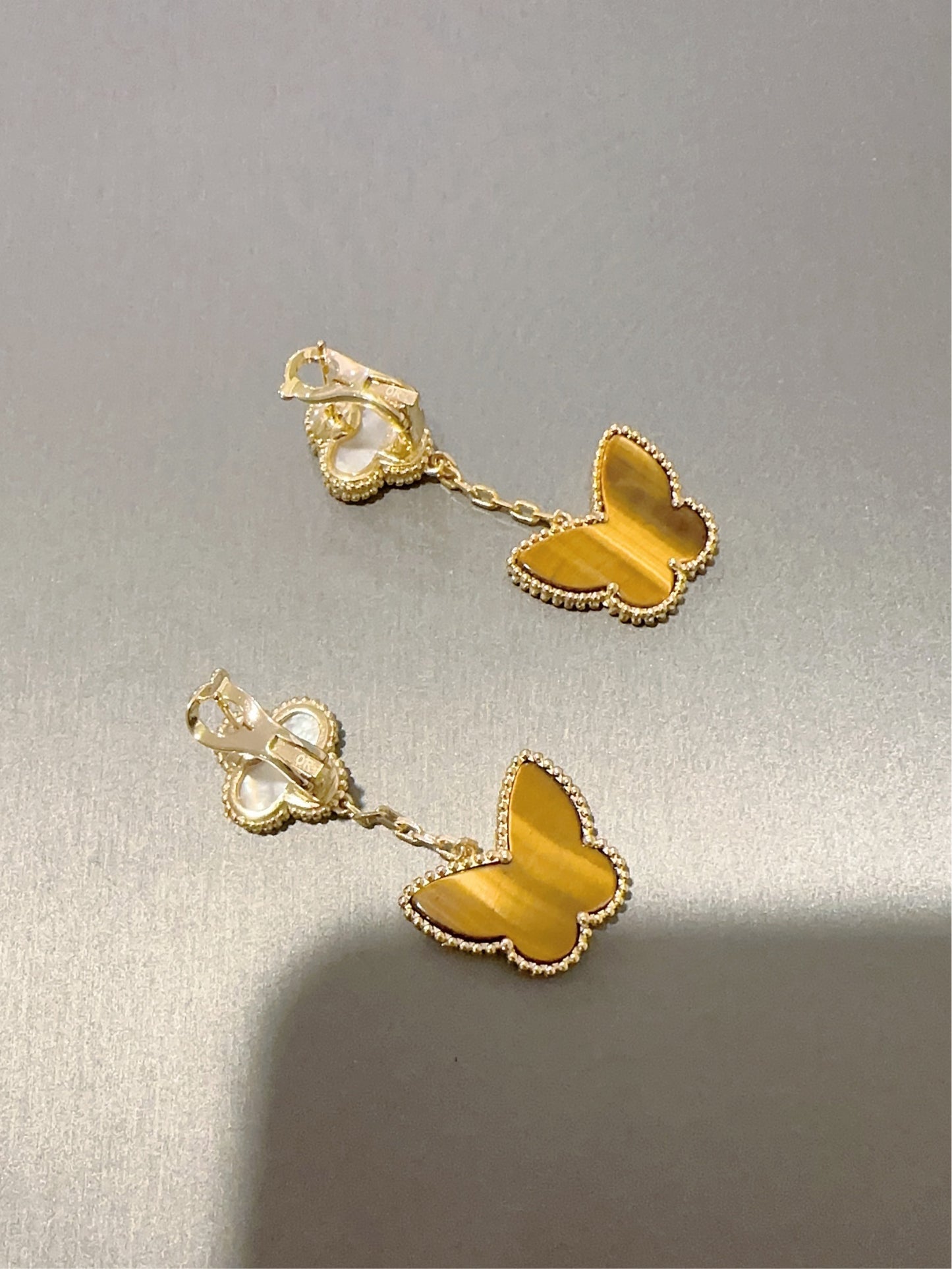 Mother of pearl & Tiger Eye Butterfly  clover earrings 925 silver gold plated earrings - ParadiseKissCo