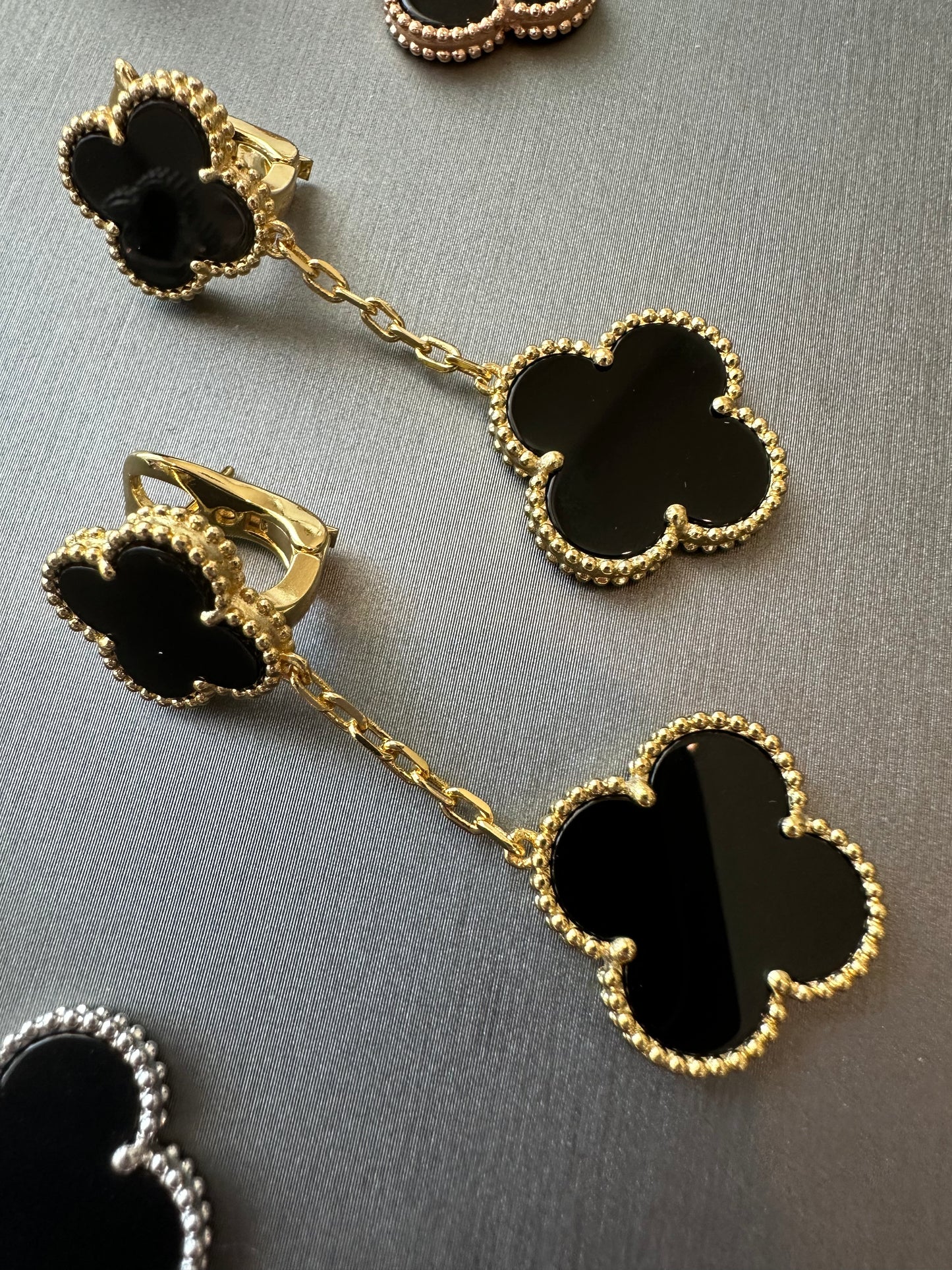 2 motif black onyx clover earrings 925 silver 18k gold plated push back - ParadiseKissCo