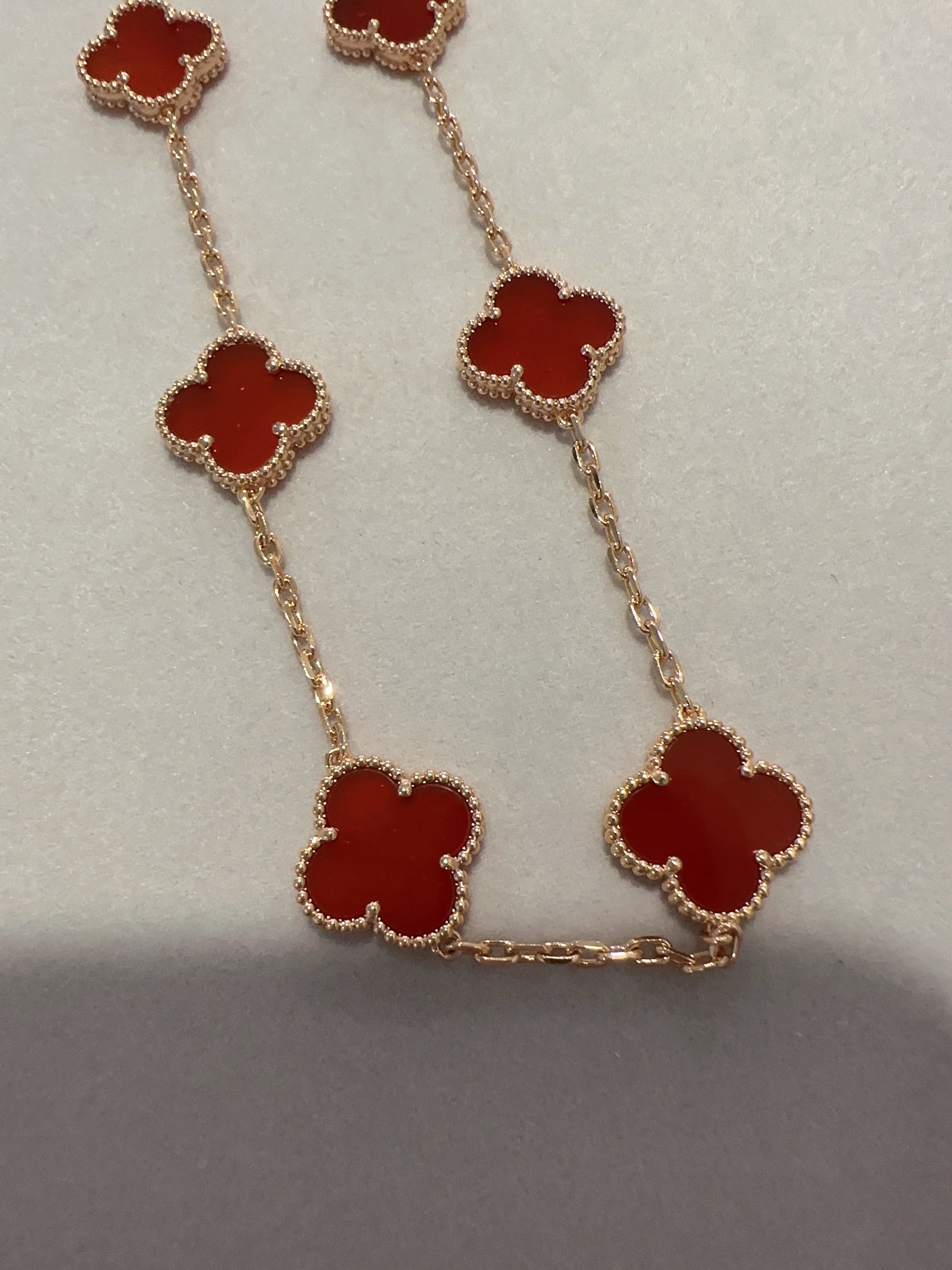 10 Red carnelian Rose Gold Plated Four Leaf Clover Flower Style S 925 Silver Necklace 16inches - ParadiseKissCo