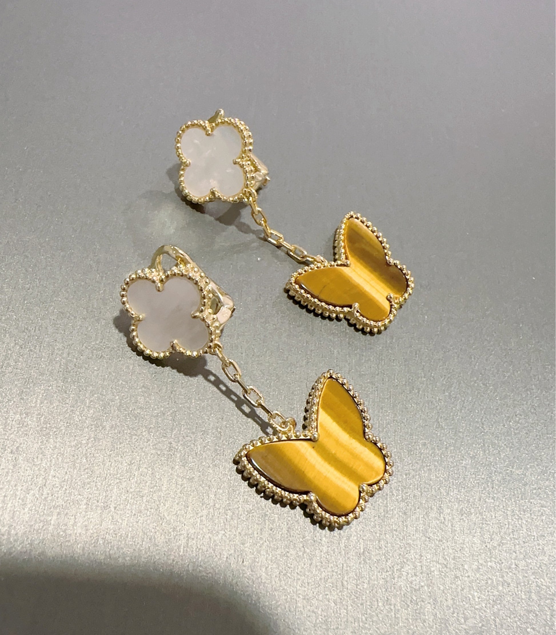 Mother of pearl & Tiger Eye Butterfly  clover earrings 925 silver gold plated earrings - ParadiseKissCo