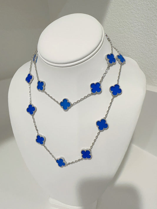 20 Blue agate White Gold Plated Four Leaf Clover Flower Style S 925 Silver Necklace 84cm - ParadiseKissCo