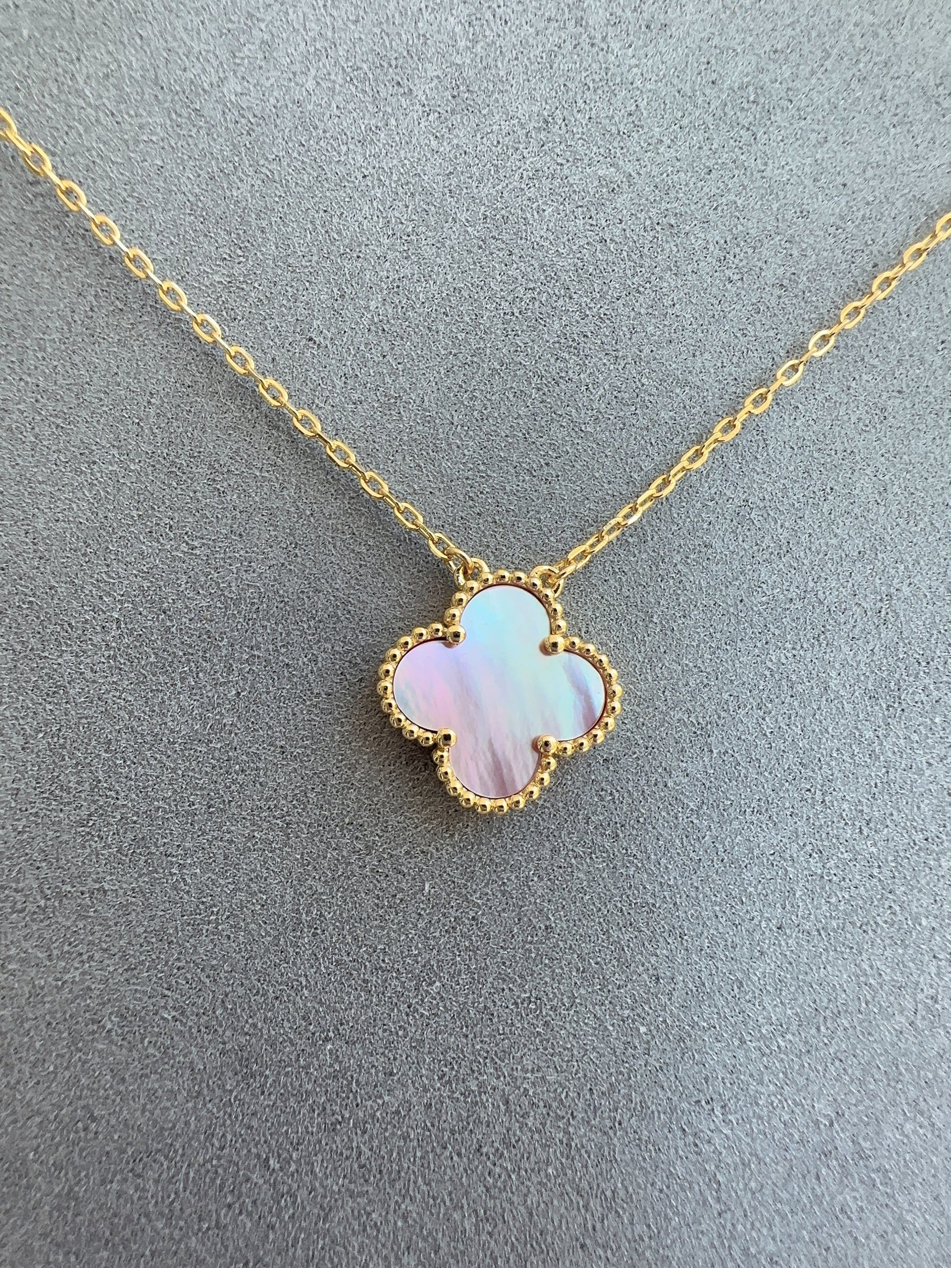Single Pink Mother Of Pearl Motif S 925 Gold Four Leaf Clover Flower Necklace 42cm - ParadiseKissCo