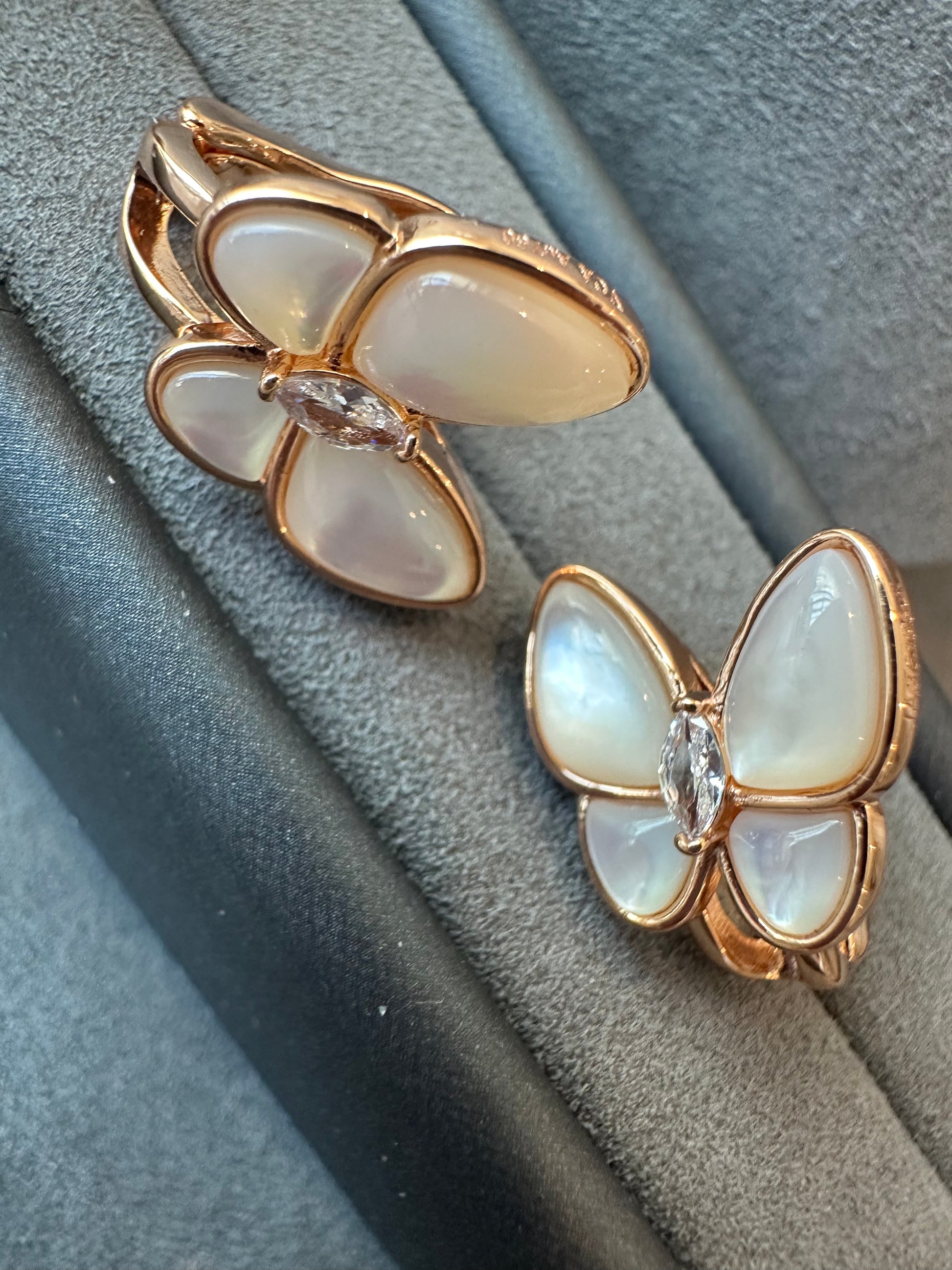 White mother of pearl butterfly ring earrings  925 silver 18k gold plated 42 cm long - ParadiseKissCo
