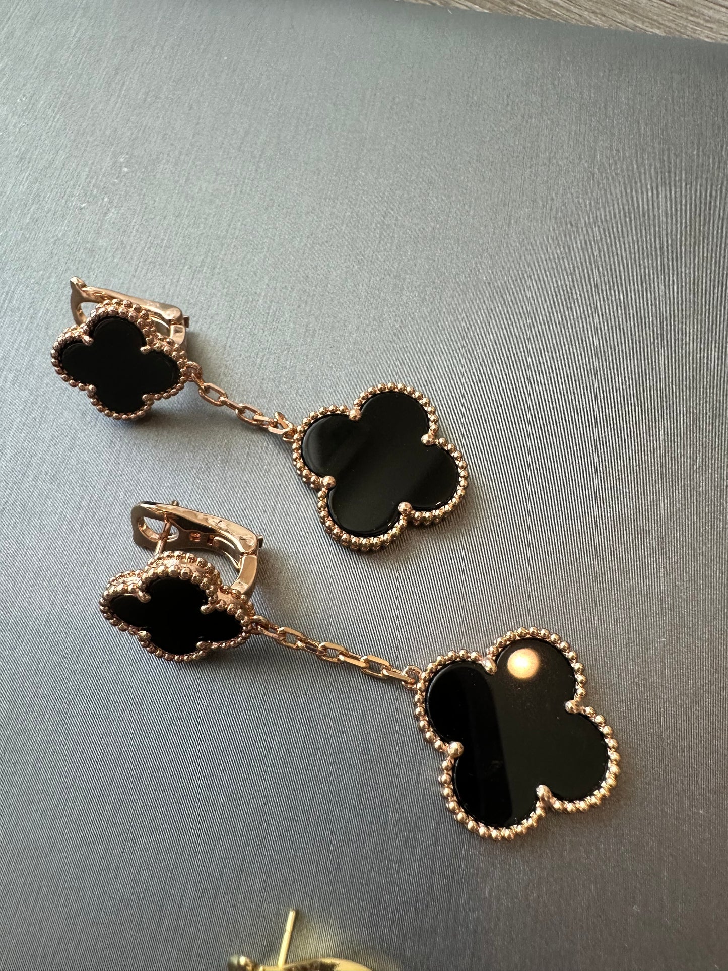 2 motif black onyx clover earrings 925 silver 18k gold plated push back - ParadiseKissCo