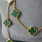 Green malachite 20 motifs clover necklace 925 silver 18k white gold plated 84 cm long clover size 15mm