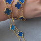 10 motifs blue agate 18k Gold Plated Four Leaf Clover Flower Style S 925 Silver Necklace 42cm long