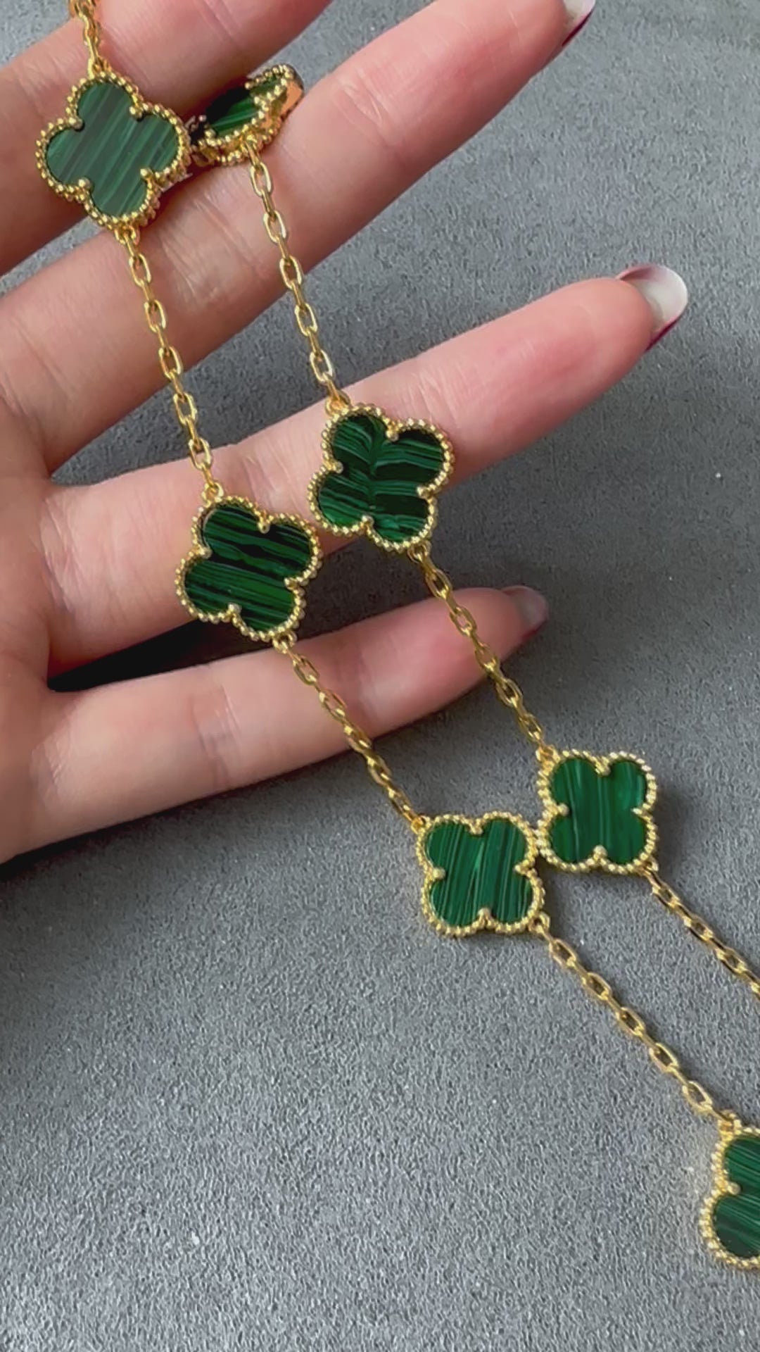 10 Clover Necklace ▷ Green Malachite Clover Four Leaf Necklace Gold plated newest 925 Silver, Green 10 Motif Clover Necklace, VCA Jewelry, Alhambra